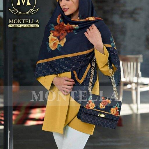 ست کیف مخمل و روسری یا شال نخی طرح گوچی سرمه ای برند مونتلا-